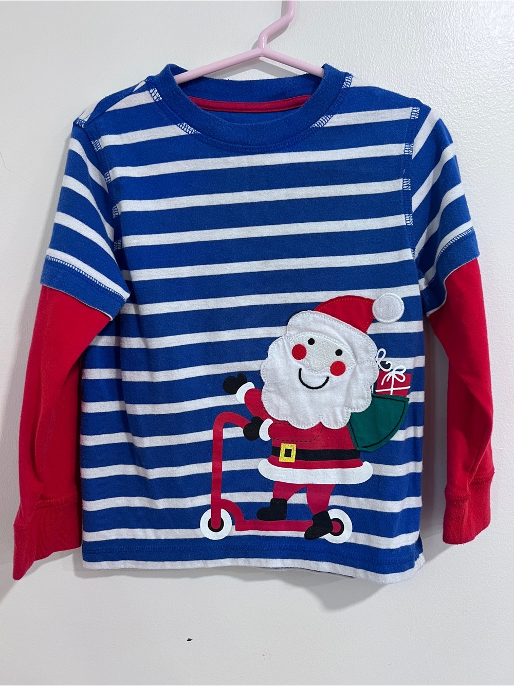 J. Khaki Blue & White Striped Santa Long-Sleeve Tee with Red Sleeves